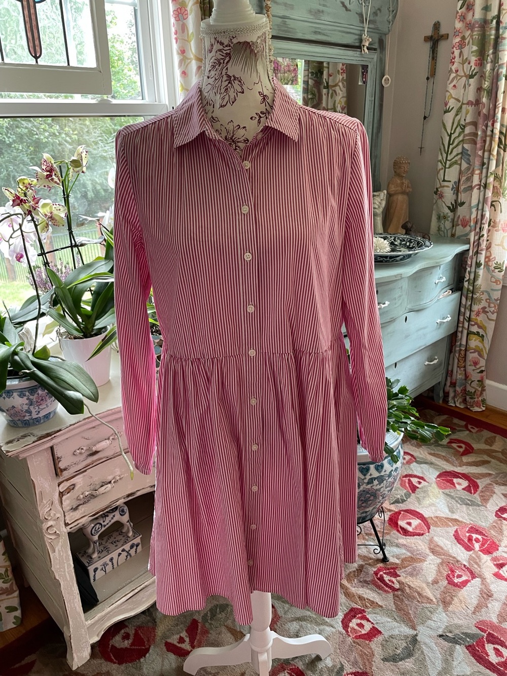 J.Crew Factory dress. Women's Pink Striped Button-Front Shirt Dress